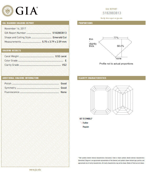 GIA Certified .54ct Natural Emerald Cut diamond ring 18kt gold *v