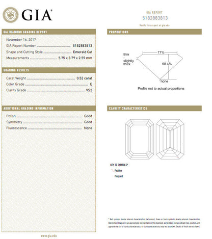 GIA Certified .54ct Natural Emerald Cut diamond ring 18kt gold *v