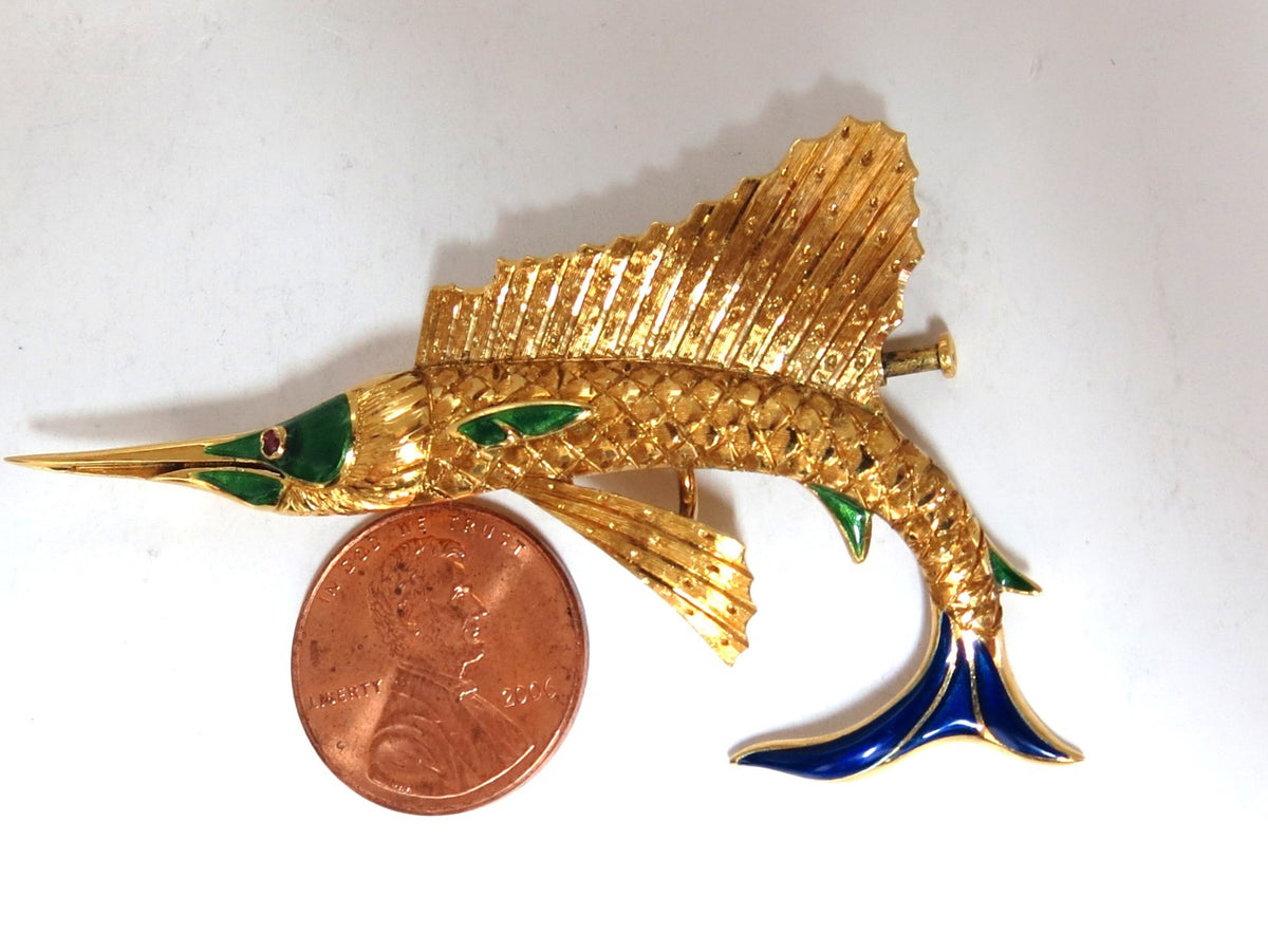 Art Deco Prime swordfish marlin brooch Enamel 14kt *v