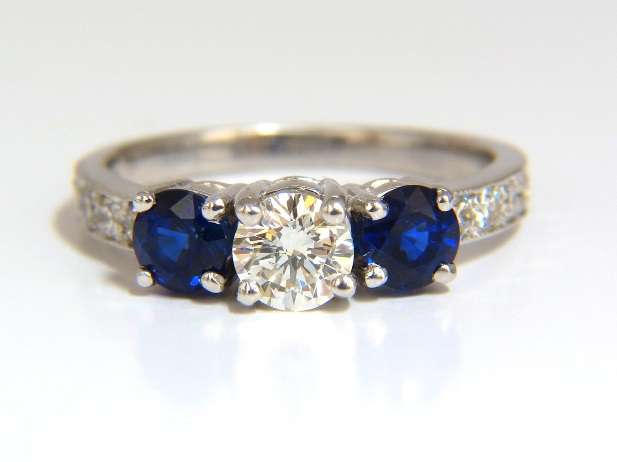 1.85ct NATURAL BLUE SAPPHIRE DIAMONDS RING 14KT CLASSIC THREE BEAD SET *v
