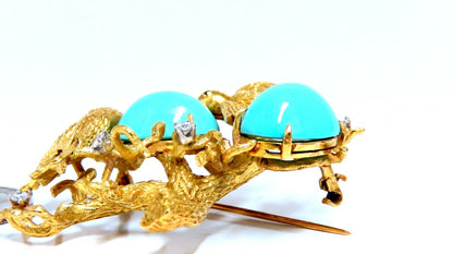 Vintage Bird Nest Eggs 20ct Turquoise 18kt Brooch High Intricate *v