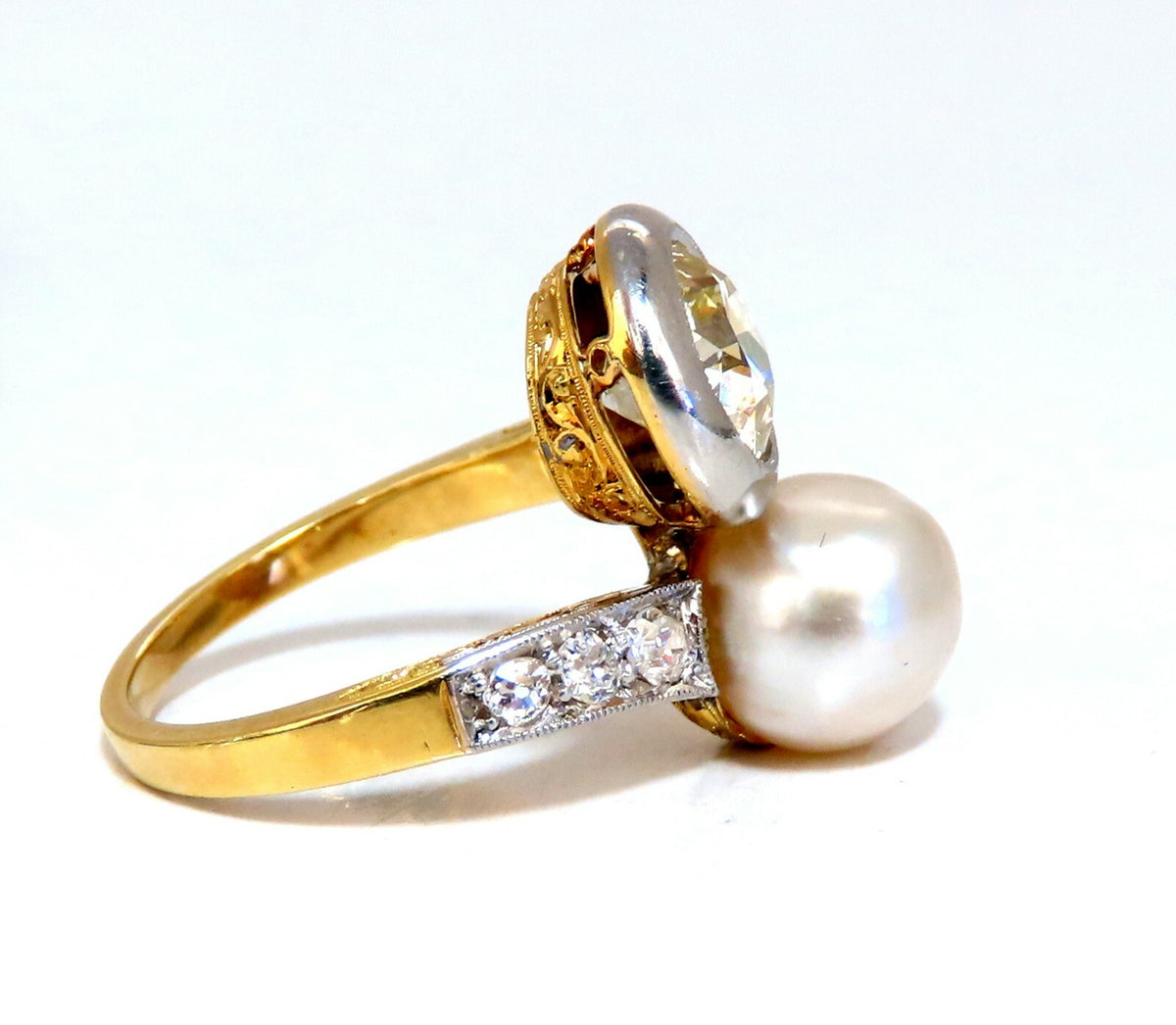 RARE GIA Certified Natural Saltwater Pearl Light Yellow Diamonds Ring 18kt *v