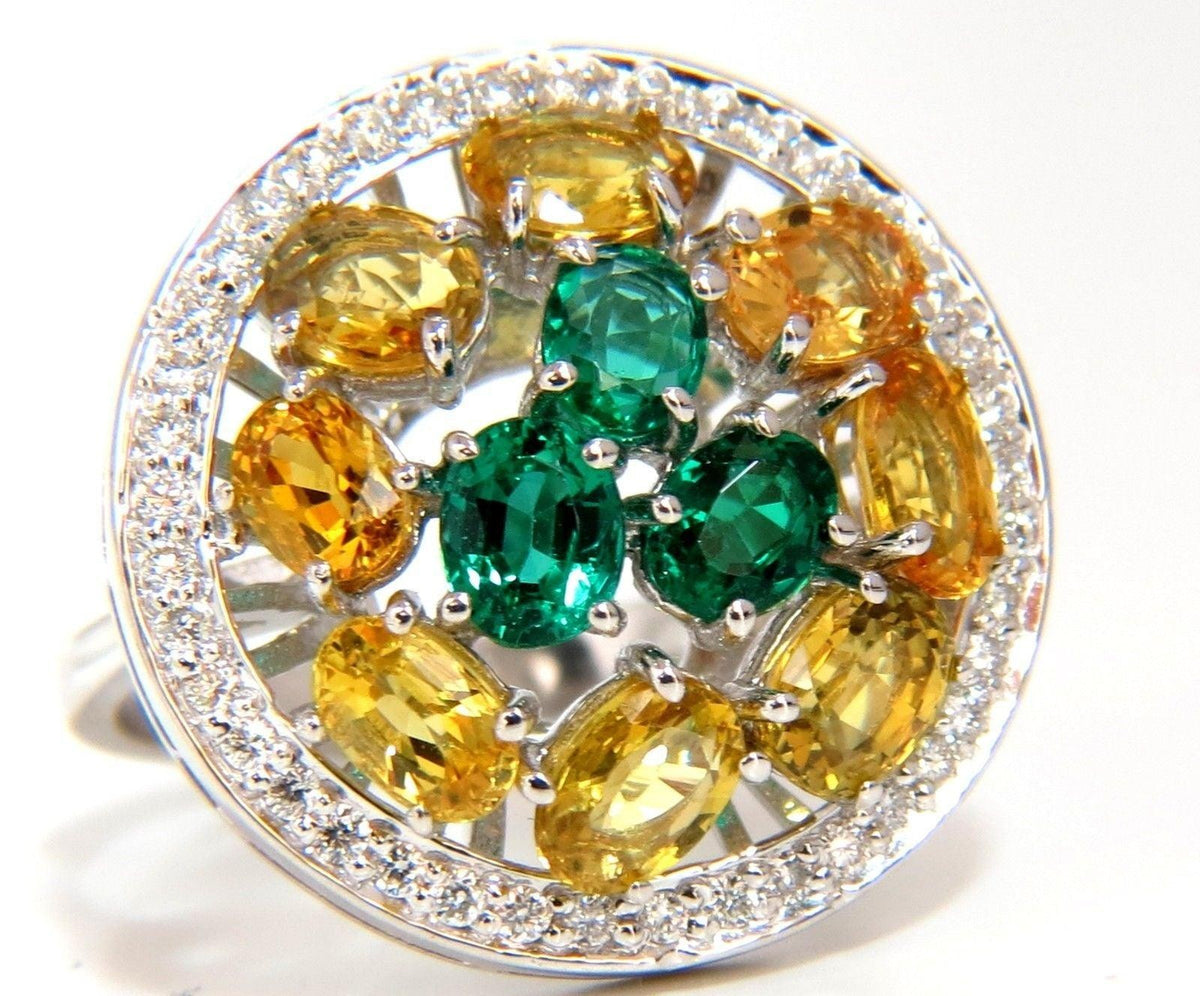 5.12CT NATURAL FANCY YELLOW SAPPHIRES VIVID GREEN EMERALDS CLUSTER RING 10003 *v