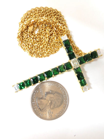 9.54ct natural diamonds & vivid green tsavorite cross 18kt & chain *v