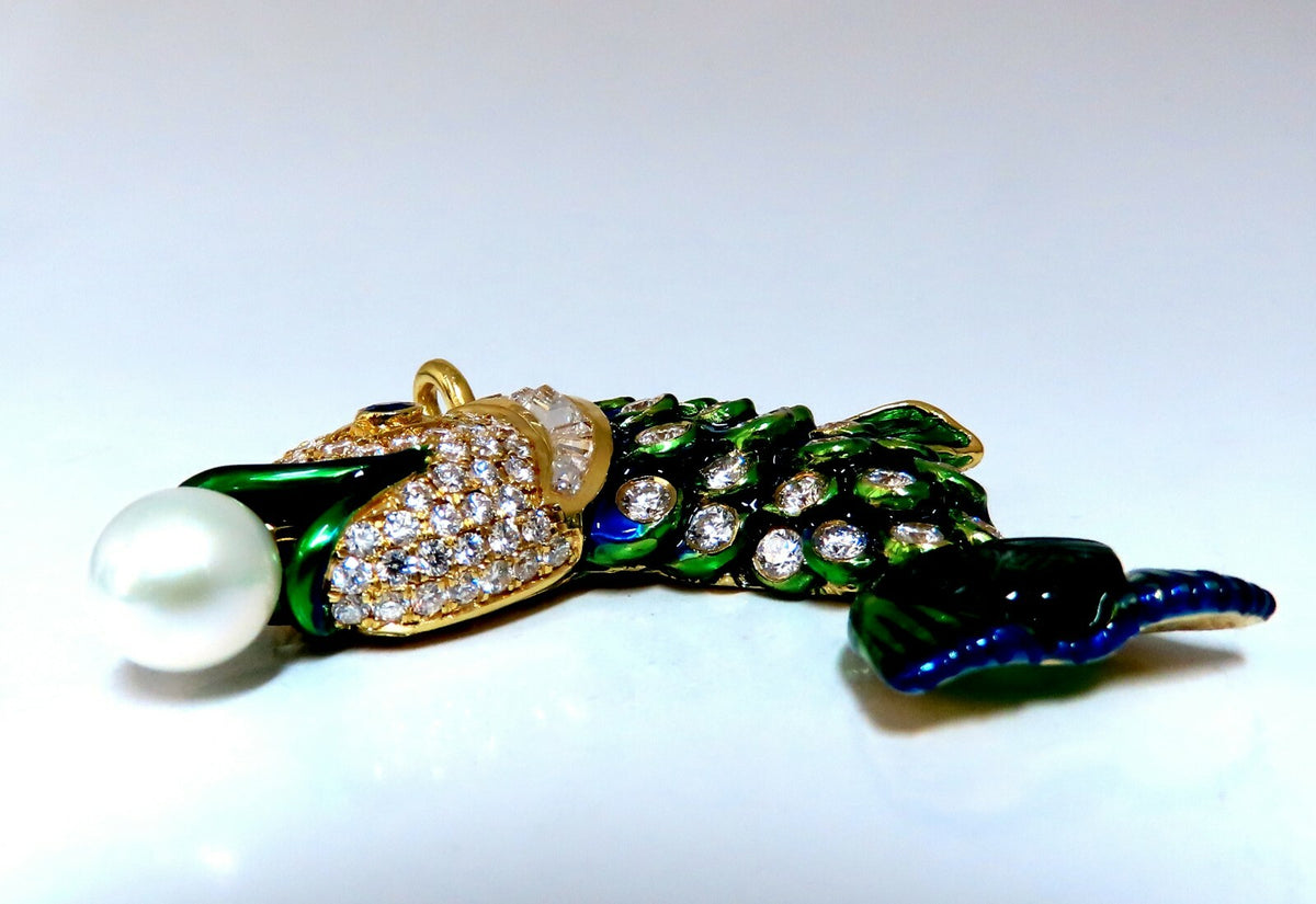 Natural Akoya Pearl Sapphire Emerald & Diamonds Enamel Fish Pendant 18kt *v
