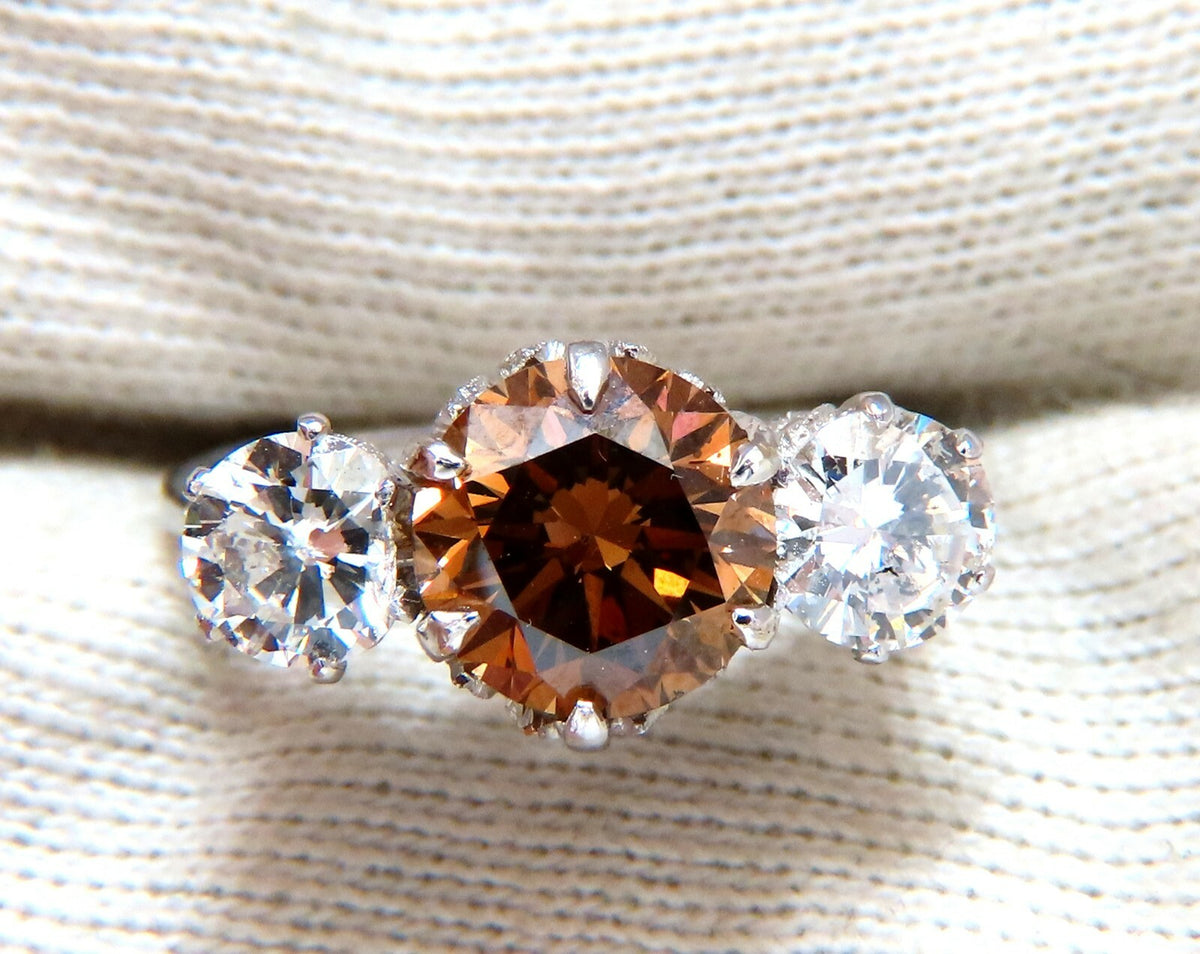 GIA certified 3.64ct Fancy Brown Orange Diamond ring 18 Karat Three Stone *v