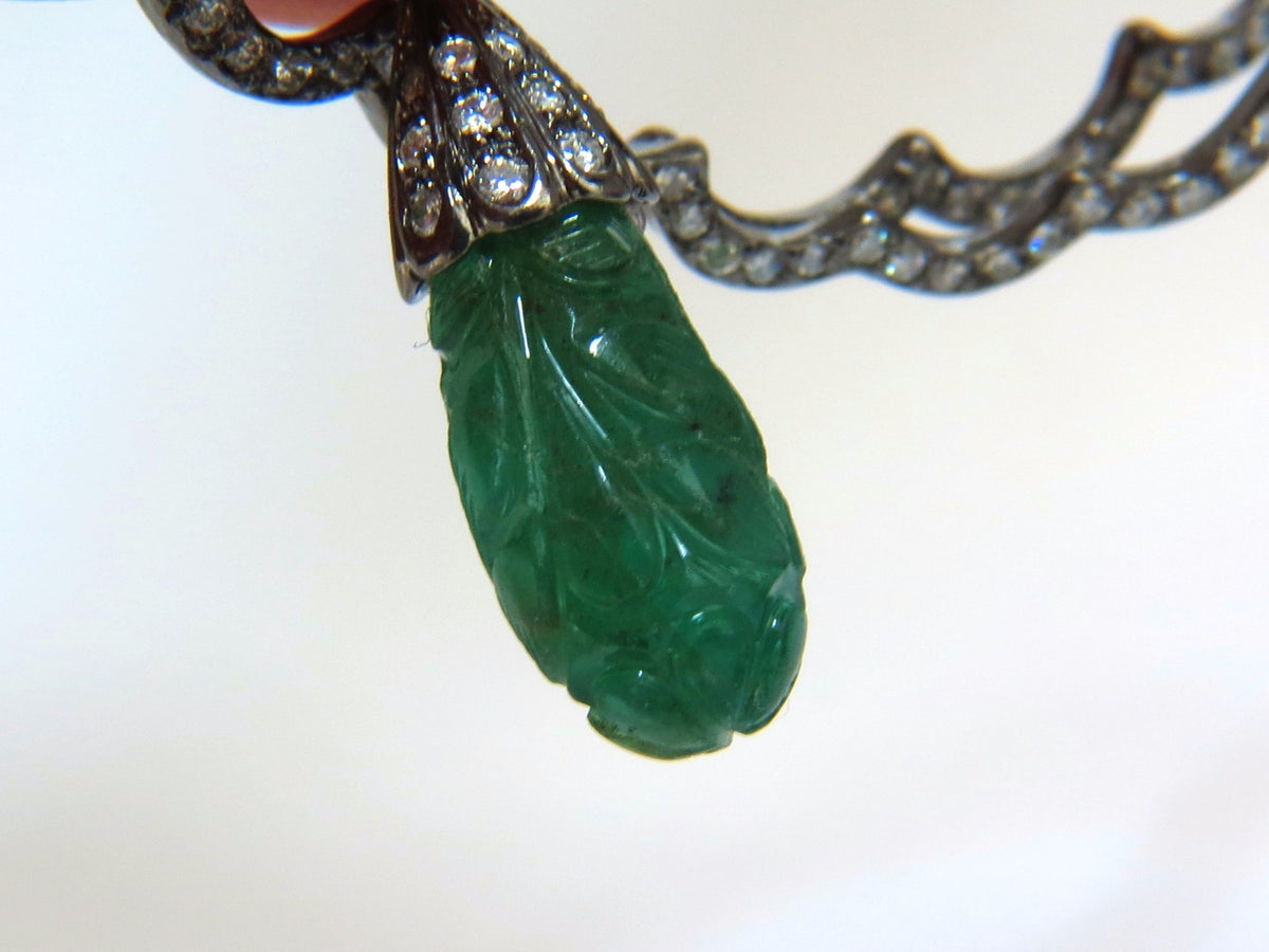 29.50ct NATURAL CARVED EMERALDS DIAMONDS DANGLING EARRINGS 14kt *v