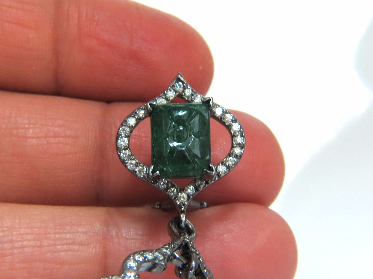 29.50ct NATURAL CARVED EMERALDS DIAMONDS DANGLING EARRINGS 14kt *v