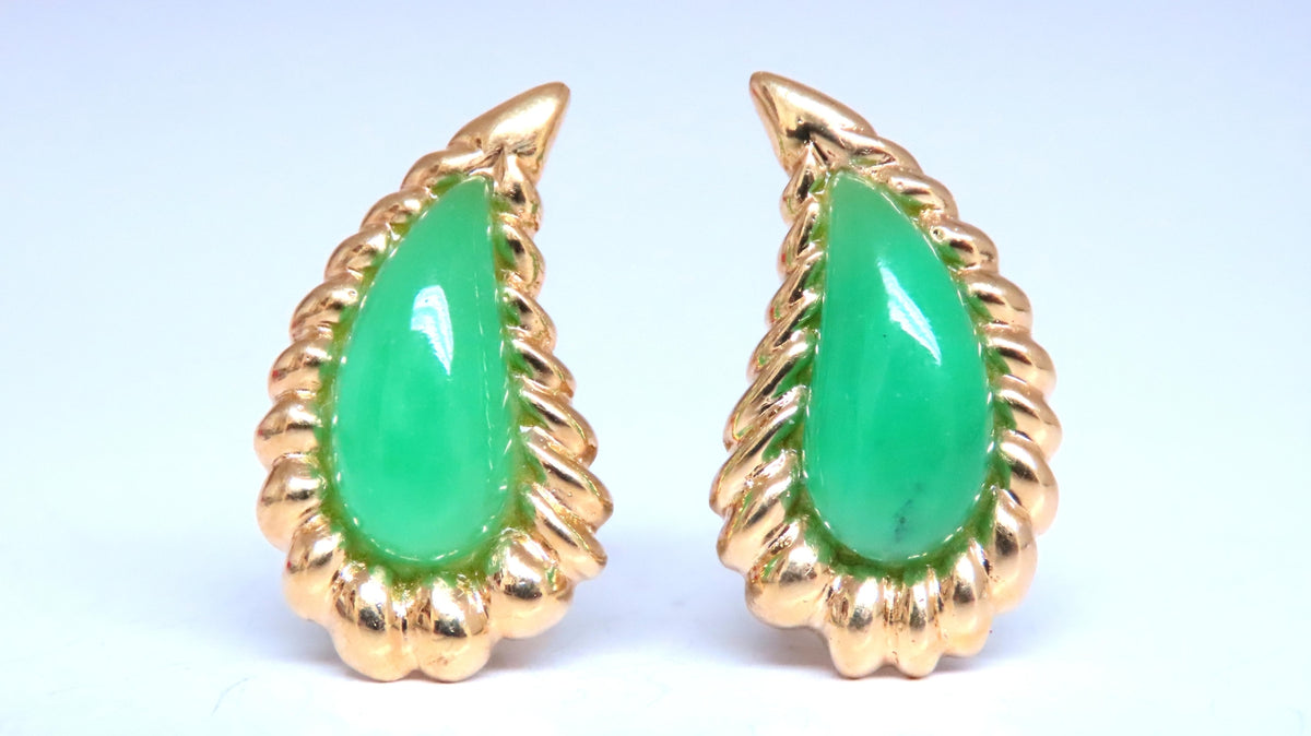 Pear Shape Jadeite Fern 3D clip earrings 18kt Gold 12603 *v