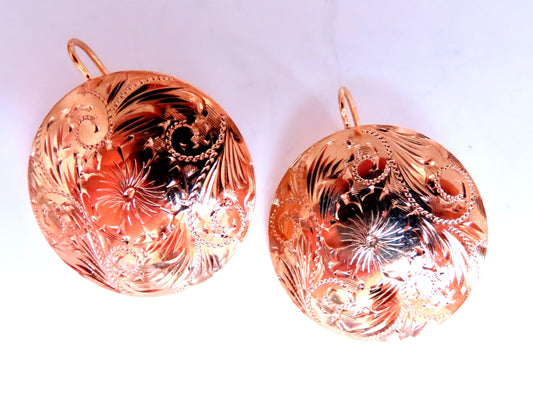 Detailed Engraved Vintage Restored Button Lever Wire Earrings 14kt Gold *v