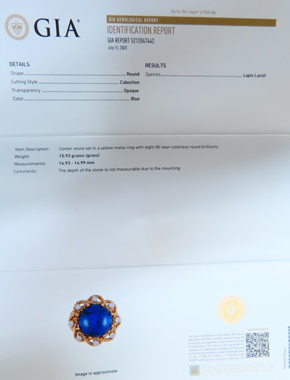 GIA Certified Natural Lapis Diamond Clip Earrings & Ring 18kt *v