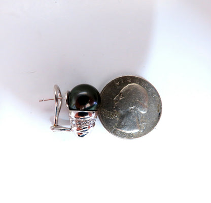 11mm natural tahitian pearl & .50ct diamonds raised cap earrings 14kt *v