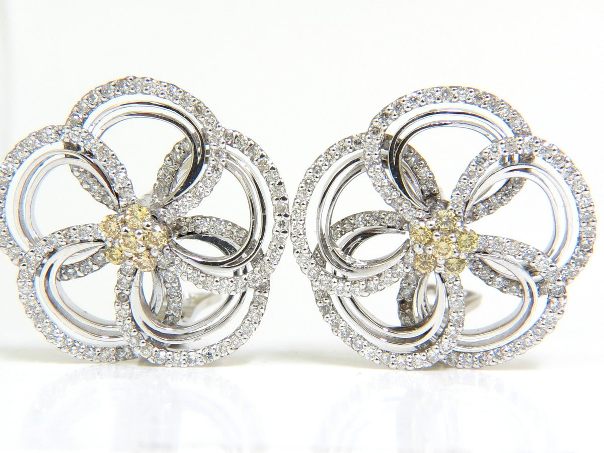 2.40CT NATURAL YELLOW DIAMONDS 3D FLOWER CLUSTER EARRINGS 14KT GOLD *v