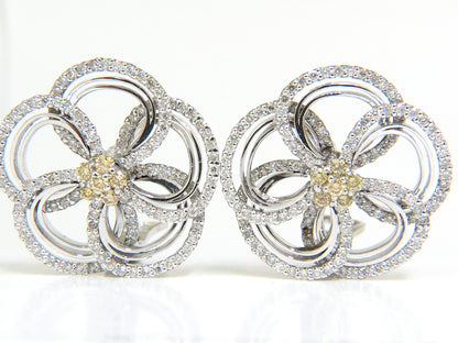 2.40CT NATURAL YELLOW DIAMONDS 3D FLOWER CLUSTER EARRINGS 14KT GOLD *v