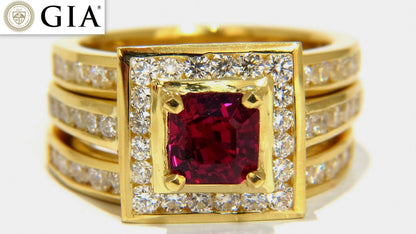 GIA Certified 1.51ct Asscher cut vivid red ruby 2.00ct diamonds ring 18kt *v
