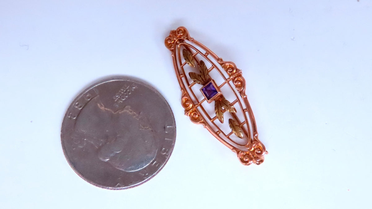 Natural Amethyst Neoclassical Brooch Pin 14kt Gold 12364 *v