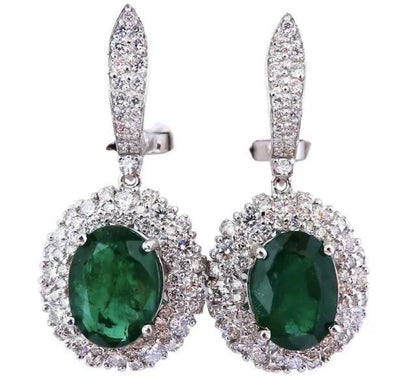 8.35ct Natural Oval Emeralds Diamond Dangle Earrings 18kt Halo Cluster 12643 *v