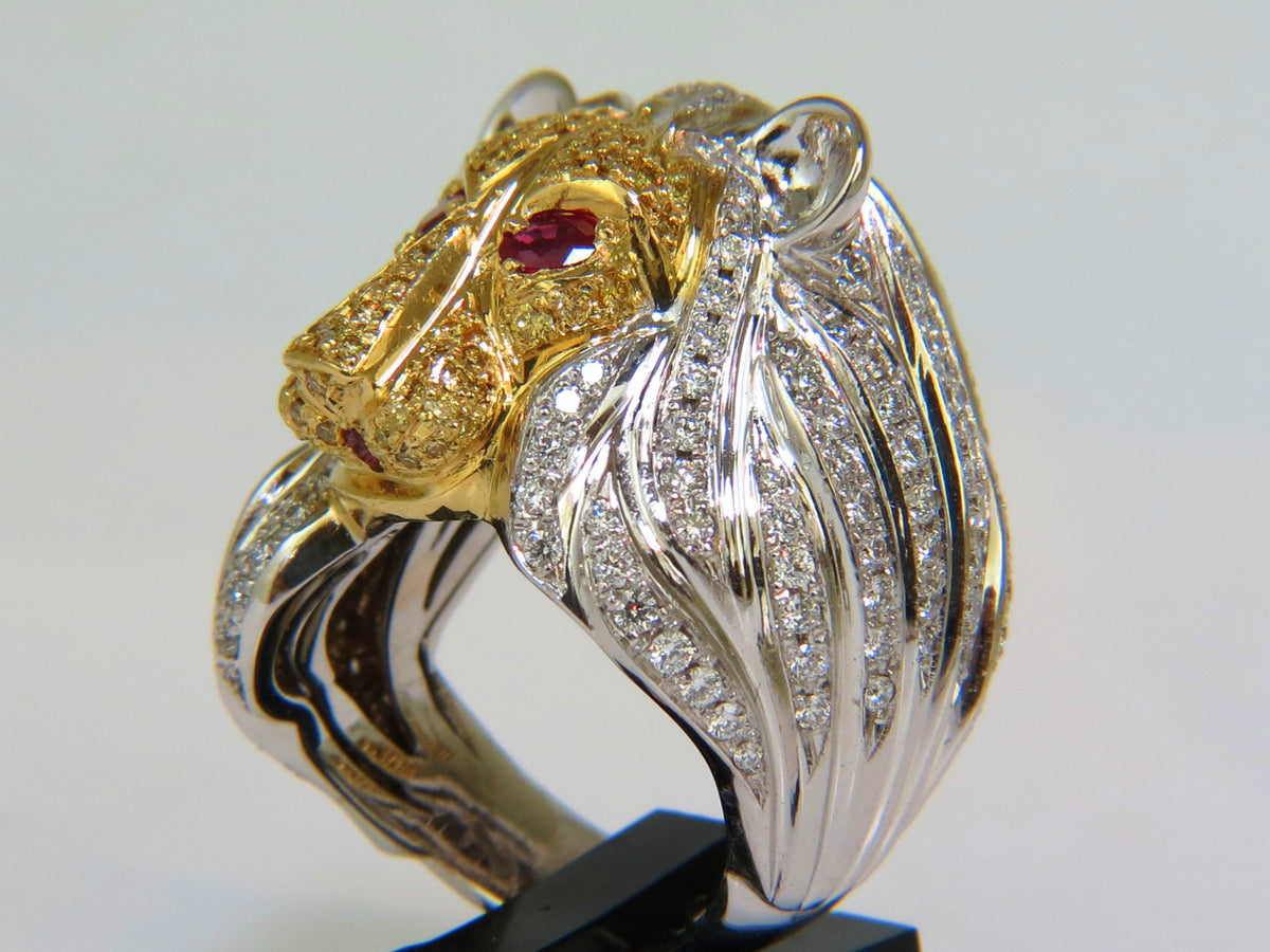 18KT ITALY UNISEX HUGE 3.40CT NATURAL DIAMONDS RUBY LION RING *v