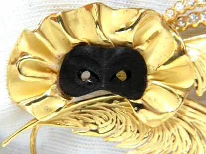 18KT SIGNED 1.00ct. DIAMONDS THEATER EYE MASK FEATHER PEACOCK PIN *v