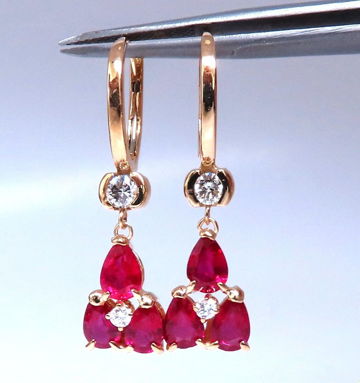 3ct Natural Ruby Diamonds Cluster Earrings 14kt Gold *v