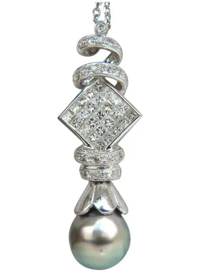 10.50MM NATURAL TAHITIAN PEARL & 1.10CT DIAMONDS PENDANT & NECKLACE 14KT *v