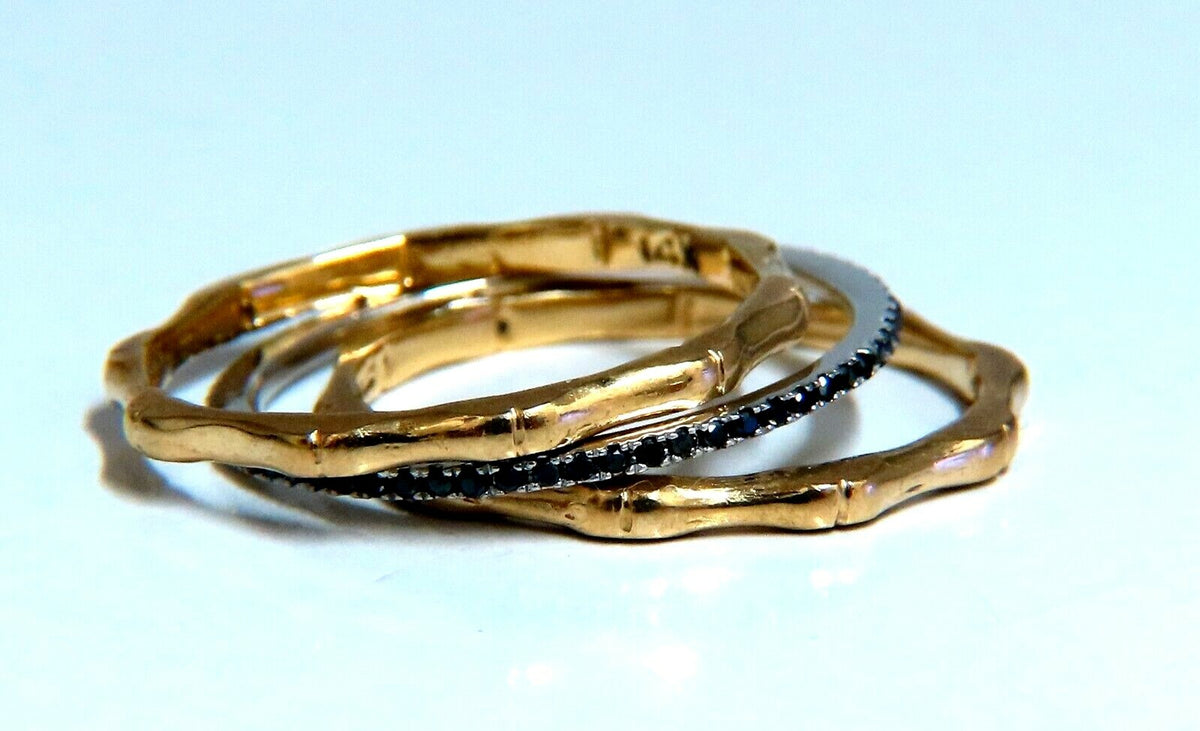 .40ct Natural Black Diamonds & Bamboo Deco Bands Stacking Rings 14kt gold *v