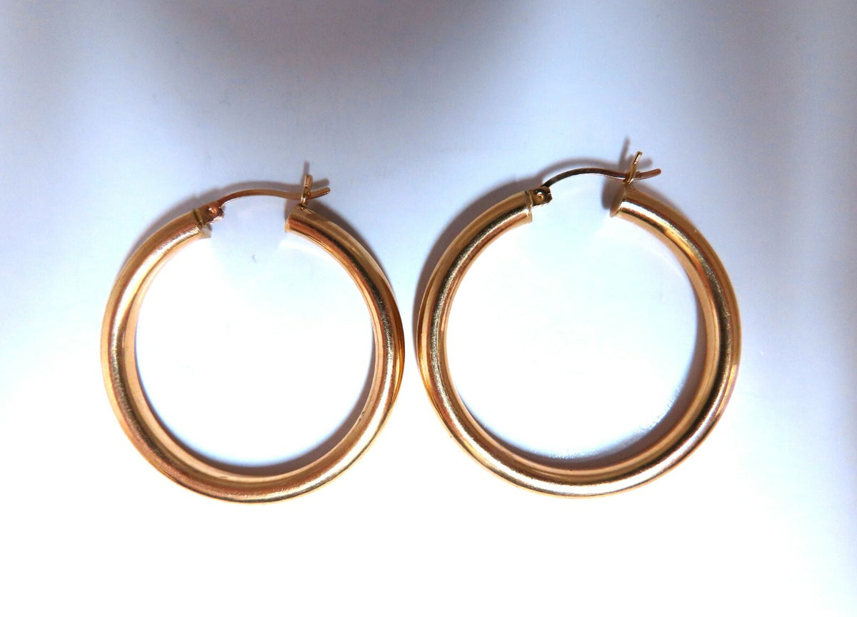 14Kt Gold Hoop Earrings Tubular Plain 1.46 inch diameter *v