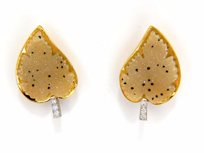 18kt .25ct diamonds matrix quartz rough slice leaf earrings omega 3d *v