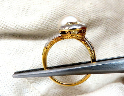 RARE GIA Certified Natural Saltwater Pearl Light Yellow Diamonds Ring 18kt *v