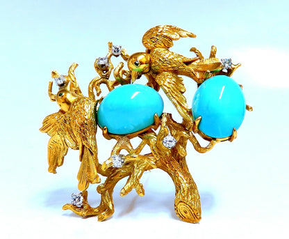 Vintage Bird Nest Eggs 20ct Turquoise 18kt Brooch High Intricate *v