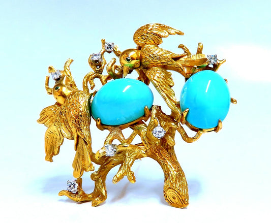Vintage Bird Nest Eggs 20ct Turquoise 18kt Brooch High Intricate *v
