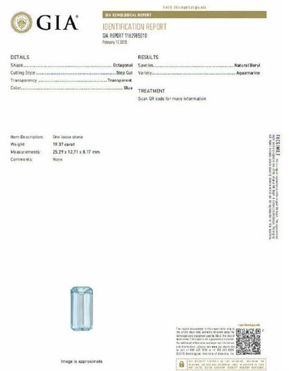 GIA Certified 19.67 Carat Natural "Blue" Aquamarine Diamonds Ring Vivid Cut *v