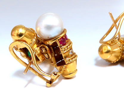 3ct Natural Ruby Emerald Sapphire Pearl clip Earrings 18kt *v