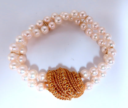 6.75mm Akoya pearls pearls double stranded bracelet 14kt Shell Twist Clasp *v