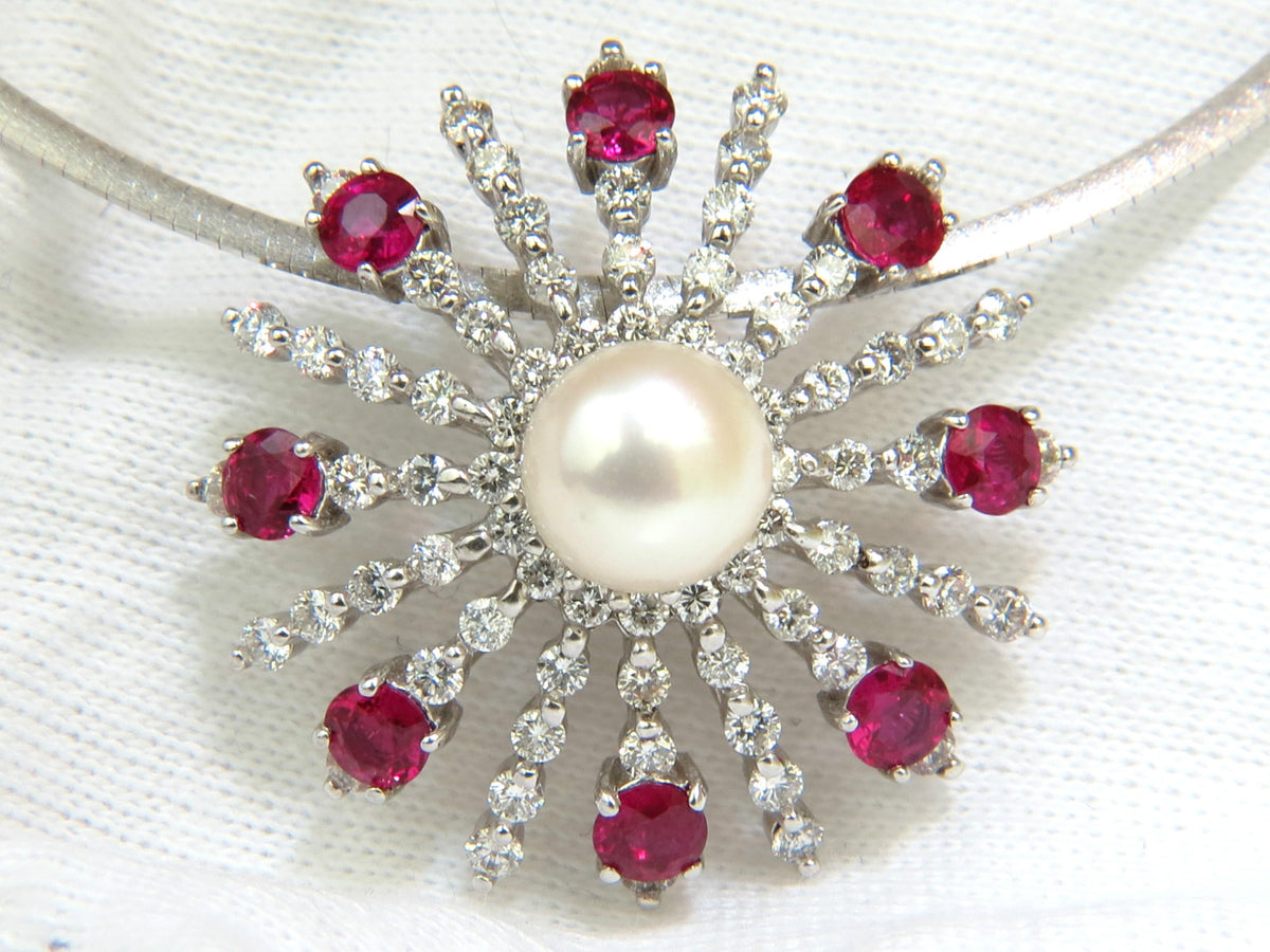 5.75CT NATURAL GEM RUBY DIAMOND 3D STAR BURST PEARL PENDANT *v