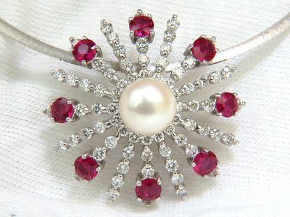 5.75CT NATURAL GEM RUBY DIAMOND 3D STAR BURST PEARL PENDANT *v