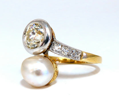 RARE GIA Certified Natural Saltwater Pearl Light Yellow Diamonds Ring 18kt *v