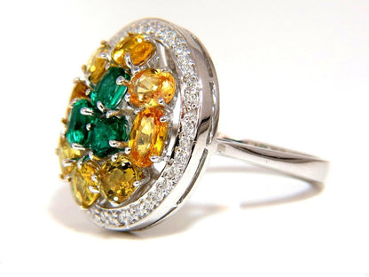 5.12CT NATURAL FANCY YELLOW SAPPHIRES VIVID GREEN EMERALDS CLUSTER RING 10003 *v