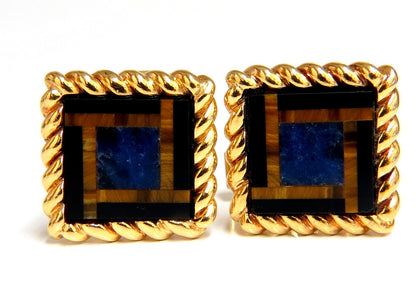 14kt Inlay Onyx Lapis & Tiger Eye Twist cufflinks *v