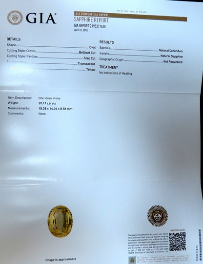 20.17ct GIA Certified Natural No Heat Yellow Sapphire diamonds ring 18kt *V