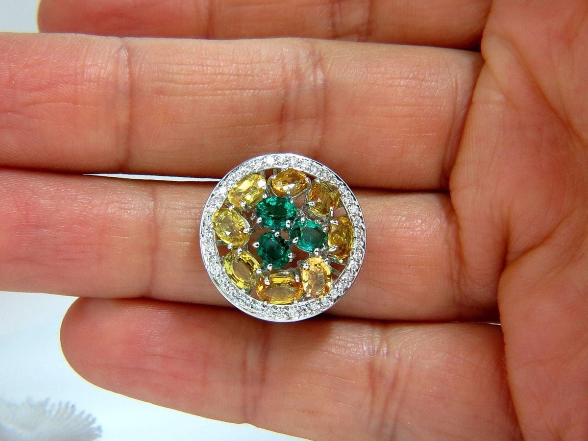 5.12CT NATURAL FANCY YELLOW SAPPHIRES VIVID GREEN EMERALDS CLUSTER RING 10003 *v