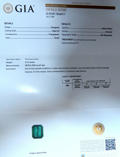 GIA Certified 5.12ct Natural Green Emerald Diamonds Ring 14kt. F1*v