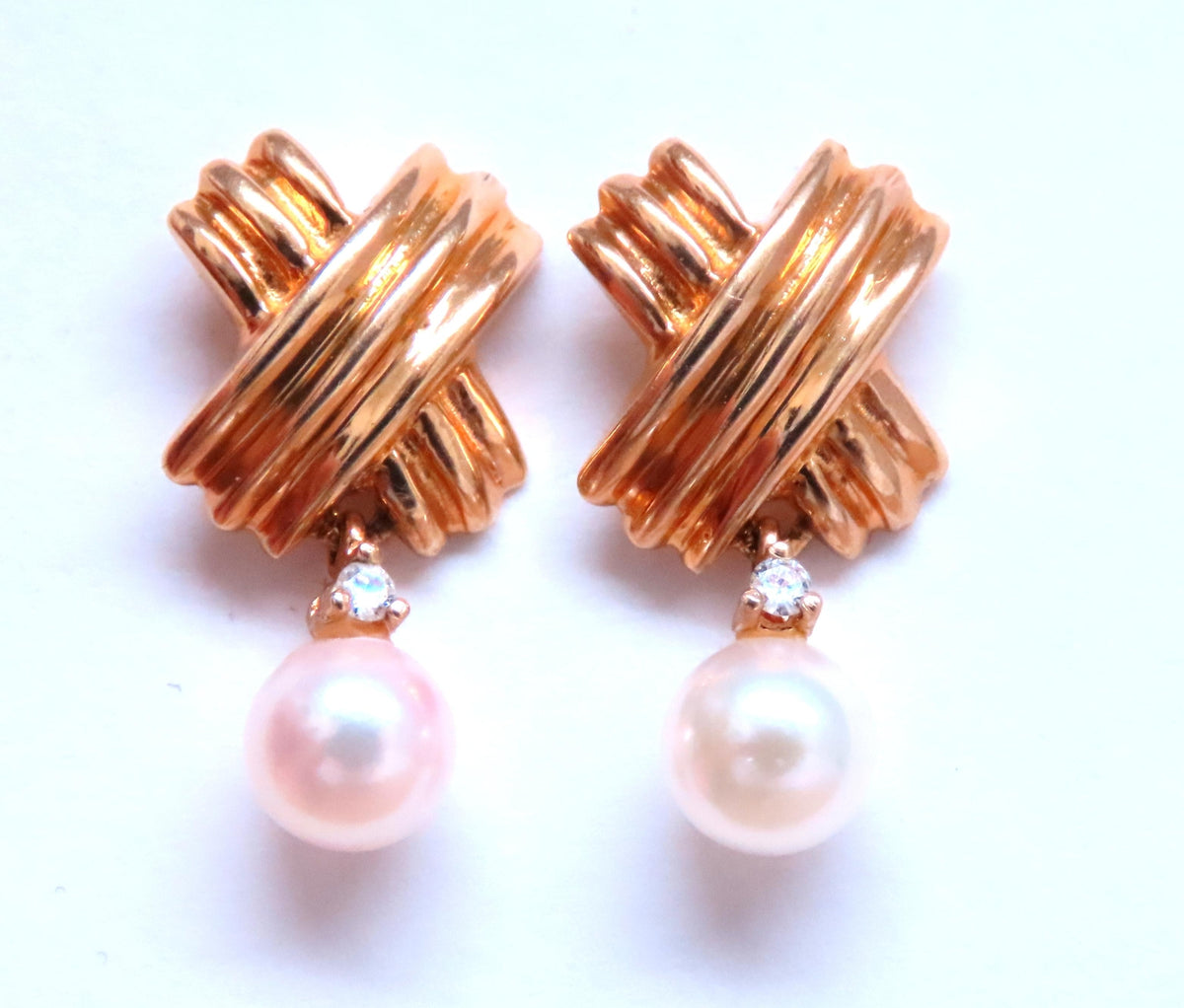 5.5mm Cultured Pearl Dangle ''x'' Earrings 14kt Gold Retro 12599 *v