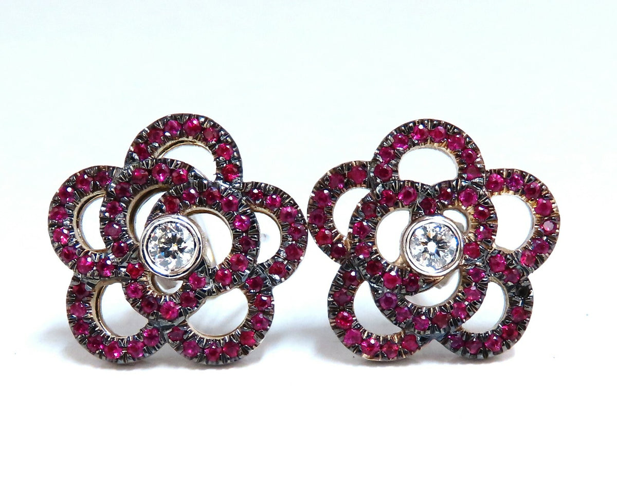 1.58ct Natural Ruby Diamonds Cluster Clip Earrings 14 Karat Gold Flower *v