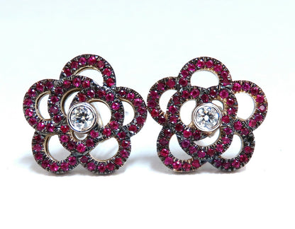 1.58ct Natural Ruby Diamonds Cluster Clip Earrings 14 Karat Gold Flower *v