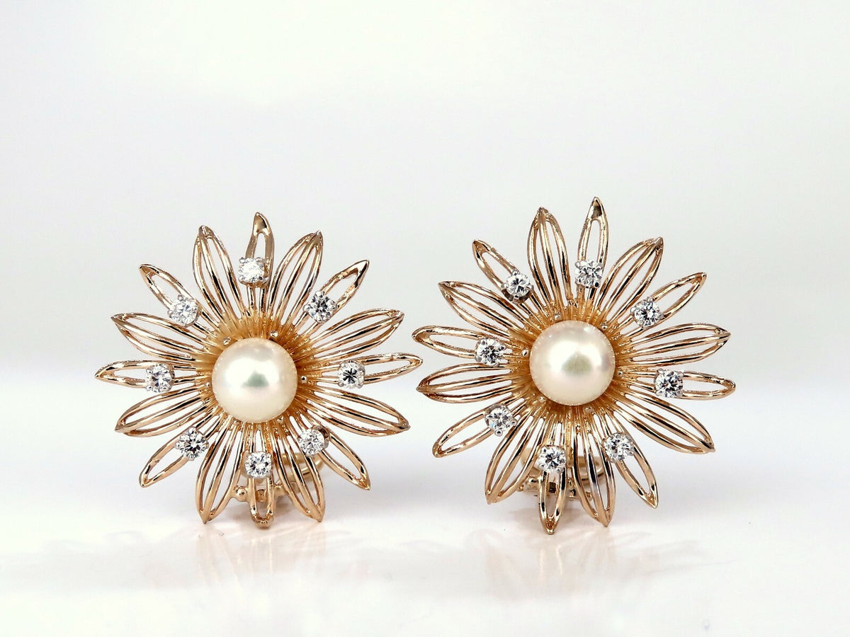 7.5mm South Seas Pearls 1ct Diamonds Sunburst Earrings 14kt Gold *v