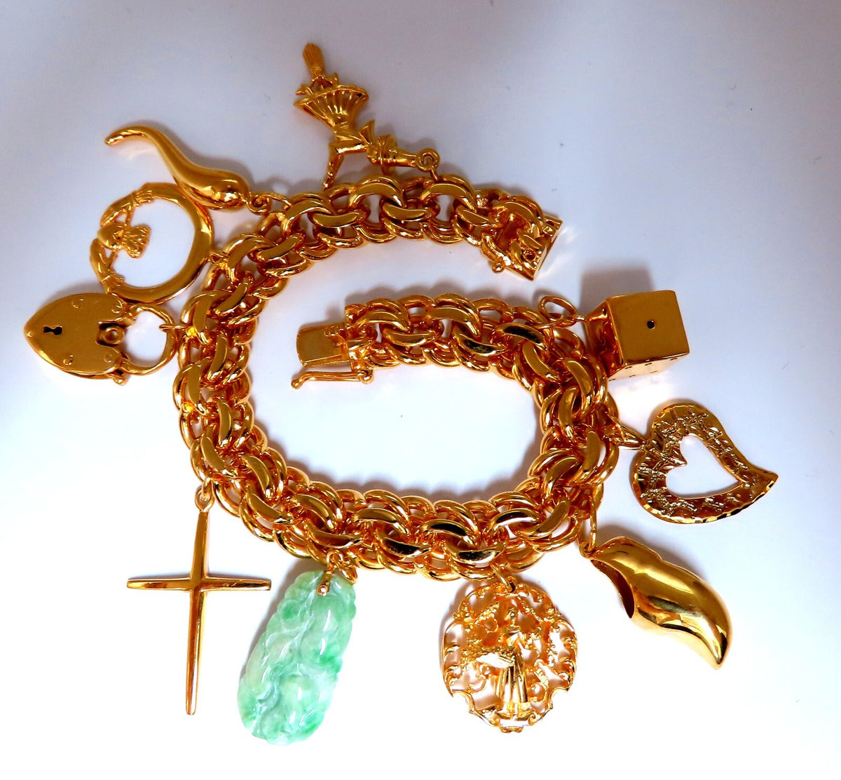 14kt 10 Charm Bracelet Fairy Horn Irish Lock Cross Jade Mary Slipper Heart *v