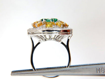 5.12CT NATURAL FANCY YELLOW SAPPHIRES VIVID GREEN EMERALDS CLUSTER RING 10003 *v