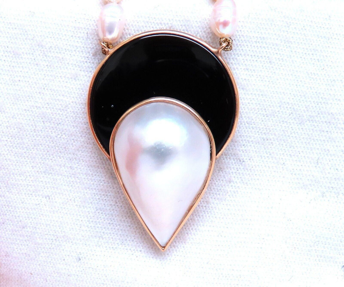 Art Deco Style Onyx Mabe Pearl Necklace 14kt Gold *v