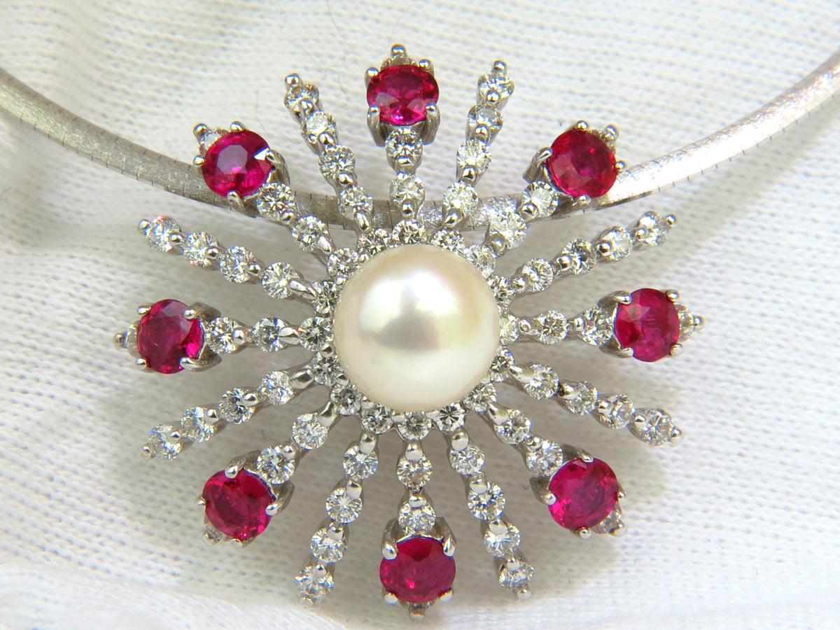 5.75CT NATURAL GEM RUBY DIAMOND 3D STAR BURST PEARL PENDANT *v